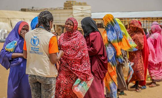 Sudanese refugees queue up for food aid distribution after having taken a biometric test to confirm their identity in Adré, Chad.